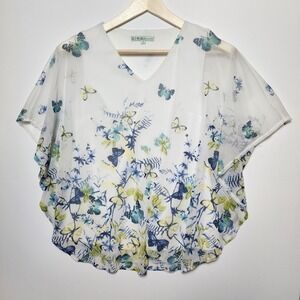 Cleo Petites Butterfly Print Mesh V-Neck Poncho Blouse White Blue Small